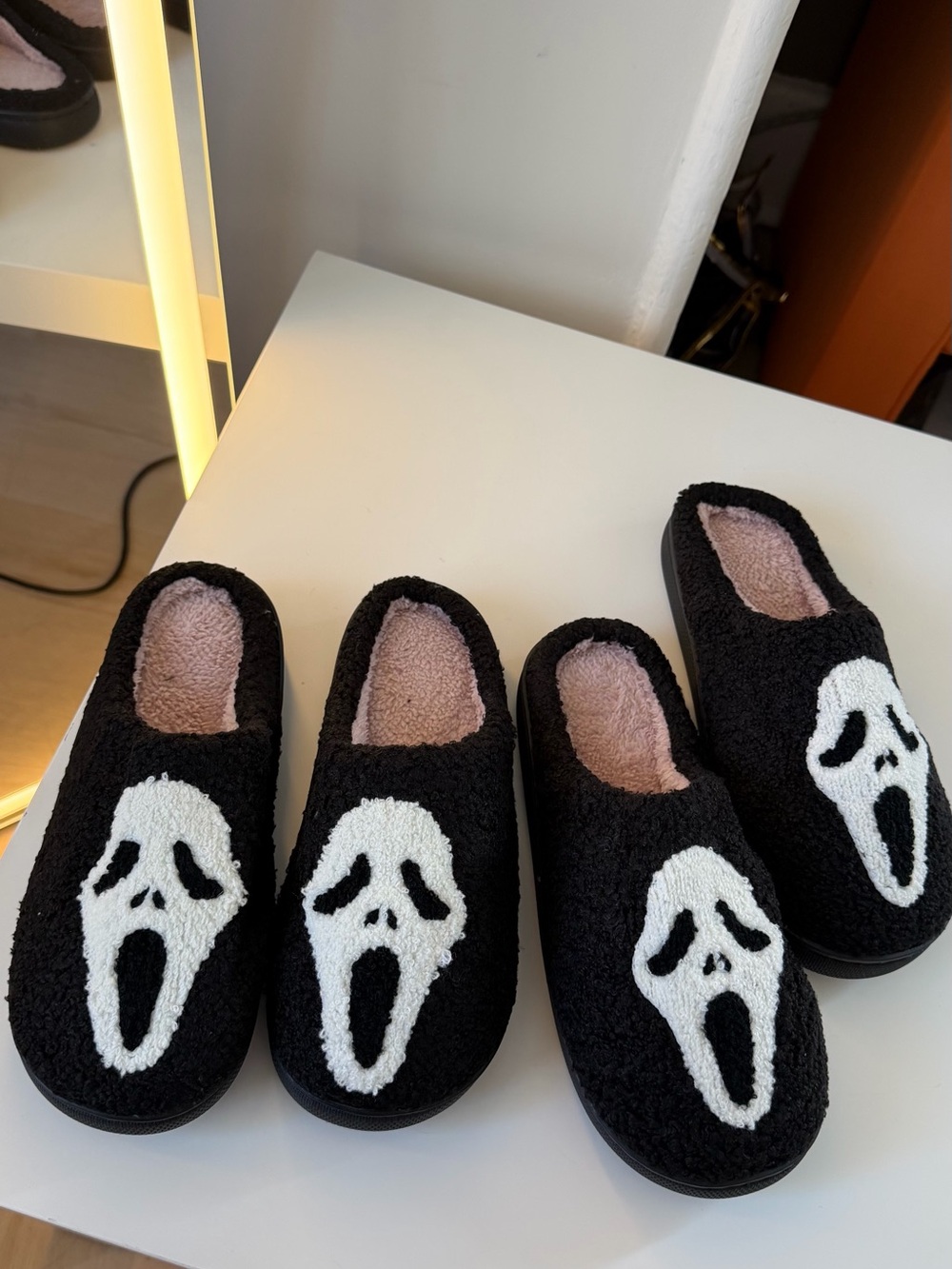 Black Plush Slip-On Women's Slippers with White Ghost Face